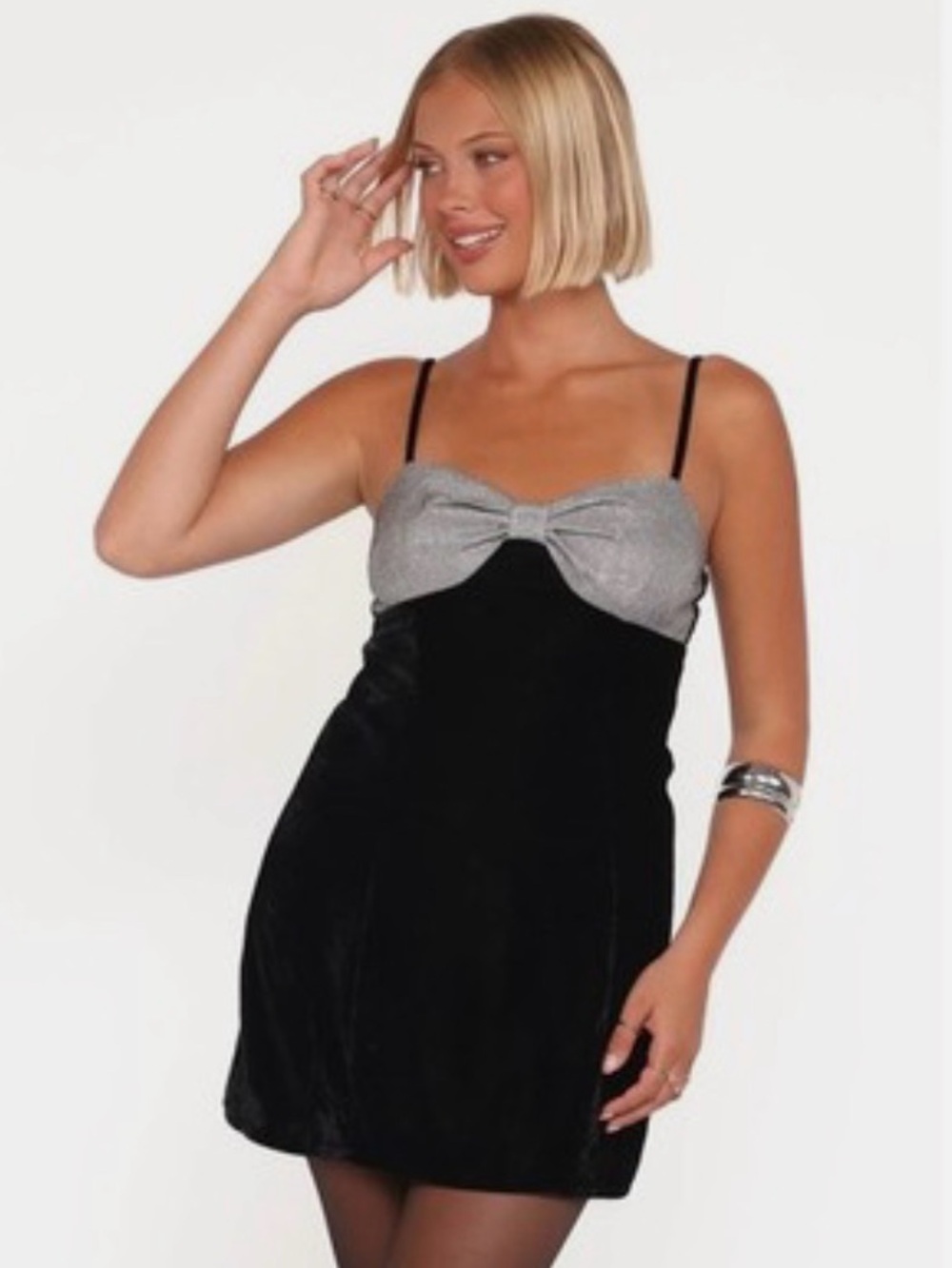 Petal + Pup Nordstrom Black Velvet Mini Dress with Silver Glitter Bow Bust Large